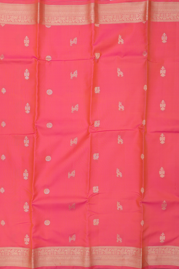 Kanchipuram Silk Saree In Coral Pink With Traditional Buttas