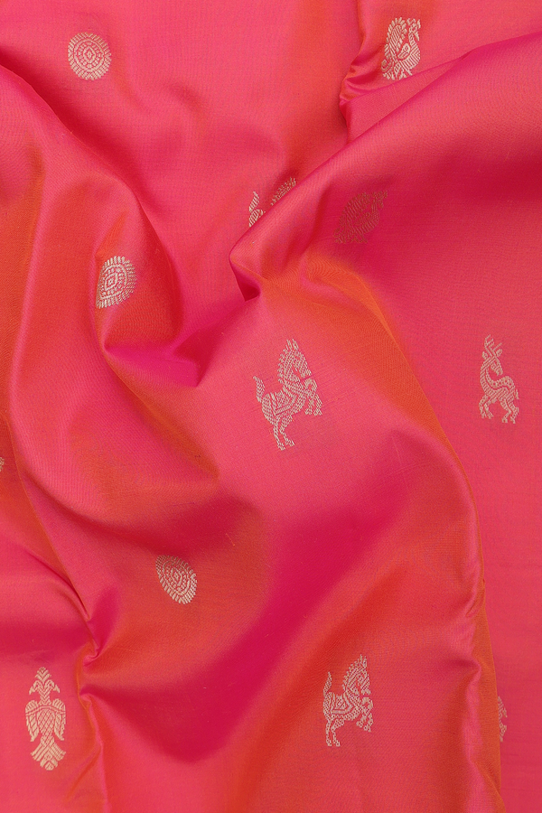 Kanchipuram Silk Saree In Coral Pink With Traditional Buttas