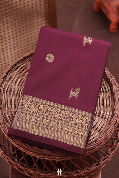 Kanchipuram Silk Saree In Burgundy Red With Horse Buttas