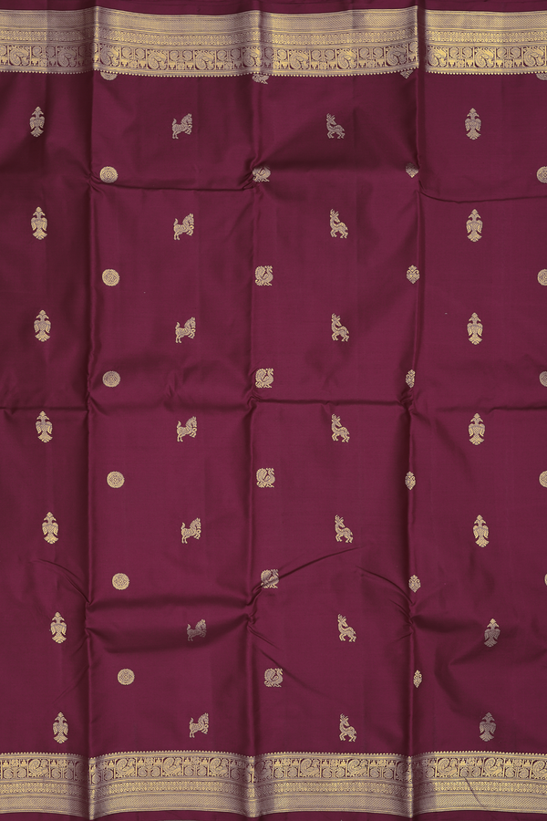 Kanchipuram Silk Saree In Burgundy Red With Horse Buttas