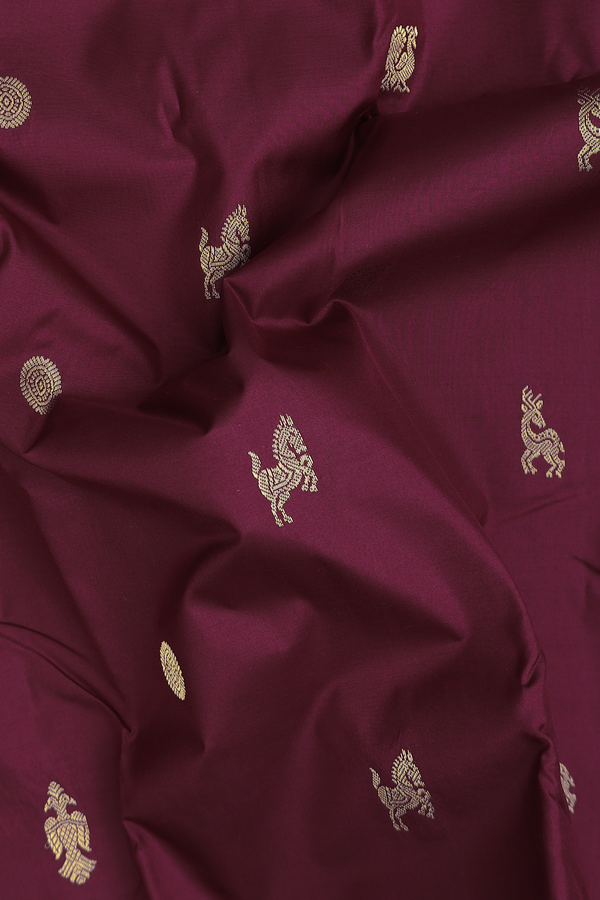 Kanchipuram Silk Saree In Burgundy Red With Horse Buttas