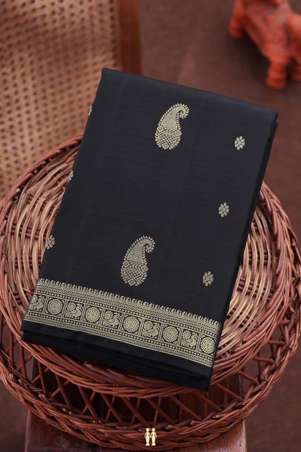 Kanchipuram Silk Saree In Black With Paisley Buttas