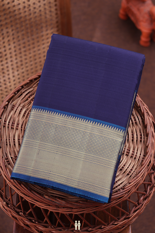 Kanchipuram Silk Saree In Navy Blue With Zari Border