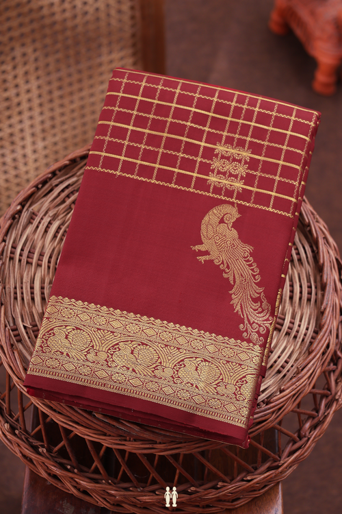 Kanchipuram Silk Saree In Crimson Red With Checks Design