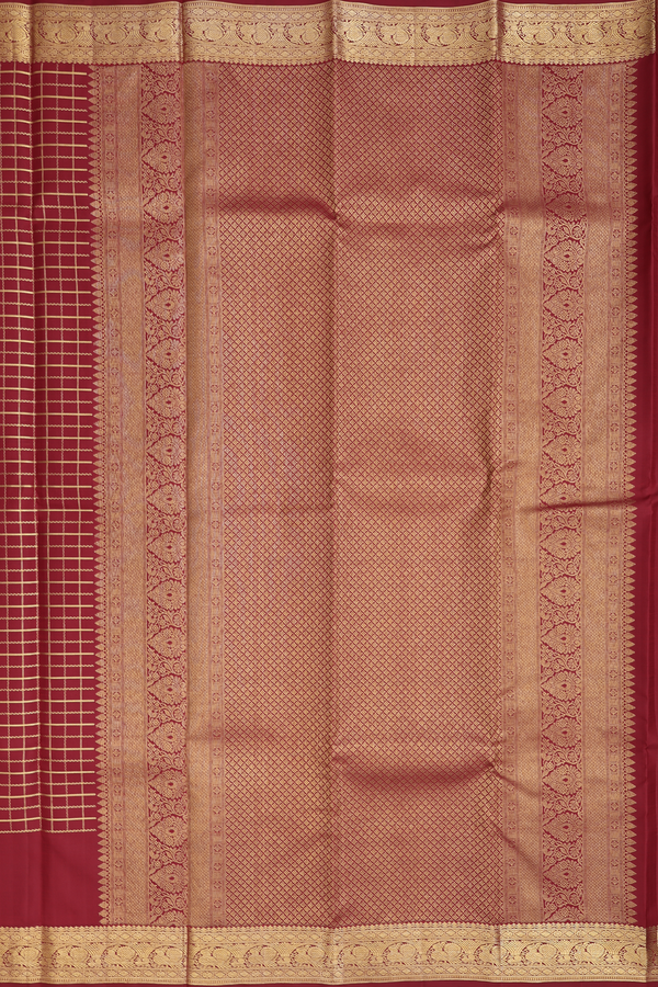 Kanchipuram Silk Saree In Crimson Red With Checks Design