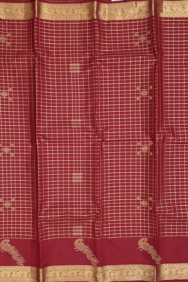 Kanchipuram Silk Saree In Crimson Red With Checks Design