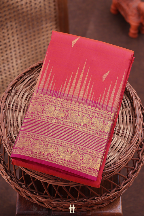 Kanchipuram Silk Saree In Coral Pink With Zari Buttas