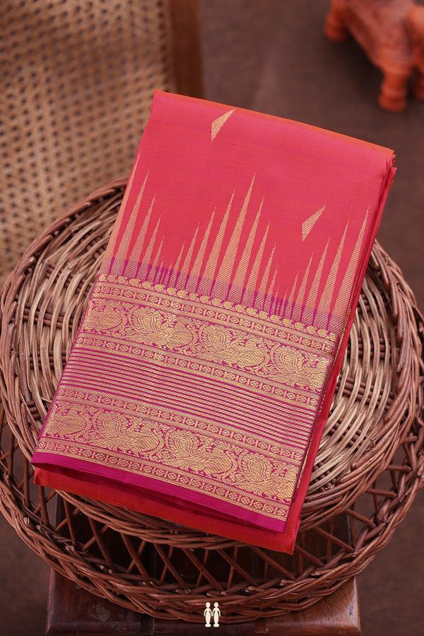 Kanchipuram Silk Saree In Coral Pink With Zari Buttas