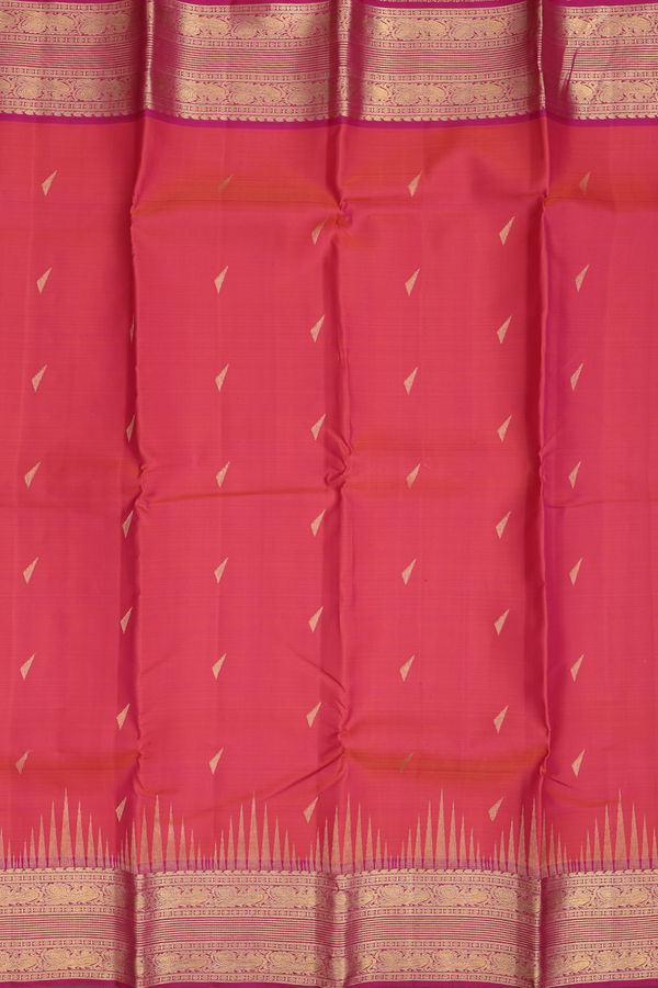 Kanchipuram Silk Saree In Coral Pink With Zari Buttas