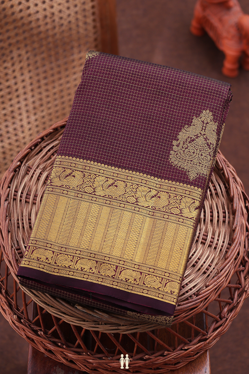 Kanchipuram Silk Saree In Dark Burgundy With Checks Design