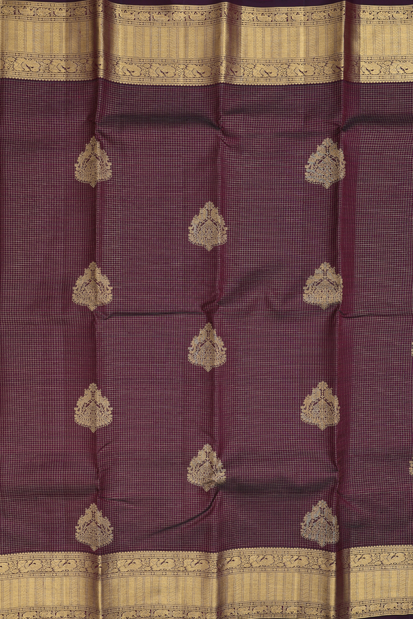Kanchipuram Silk Saree In Dark Burgundy With Checks Design