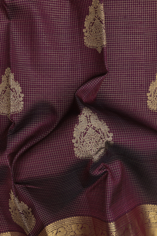 Kanchipuram Silk Saree In Dark Burgundy With Checks Design