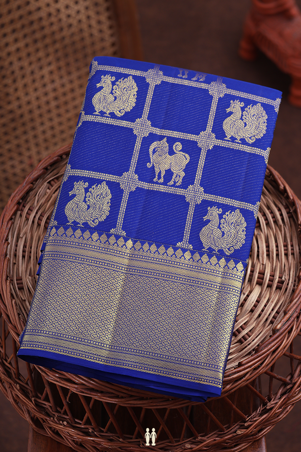 Kanchipuram Silk Saree In Royal Blue With Checks Design