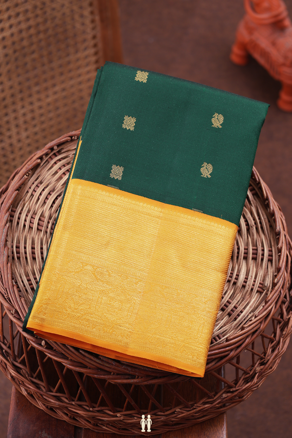 Kanchipuram Silk Saree In Forest Green With Peacock Buttas