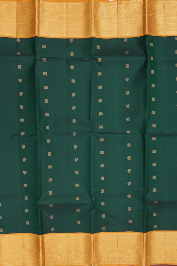 Kanchipuram Silk Saree In Forest Green With Peacock Buttas
