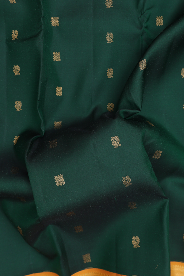 Kanchipuram Silk Saree In Forest Green With Peacock Buttas