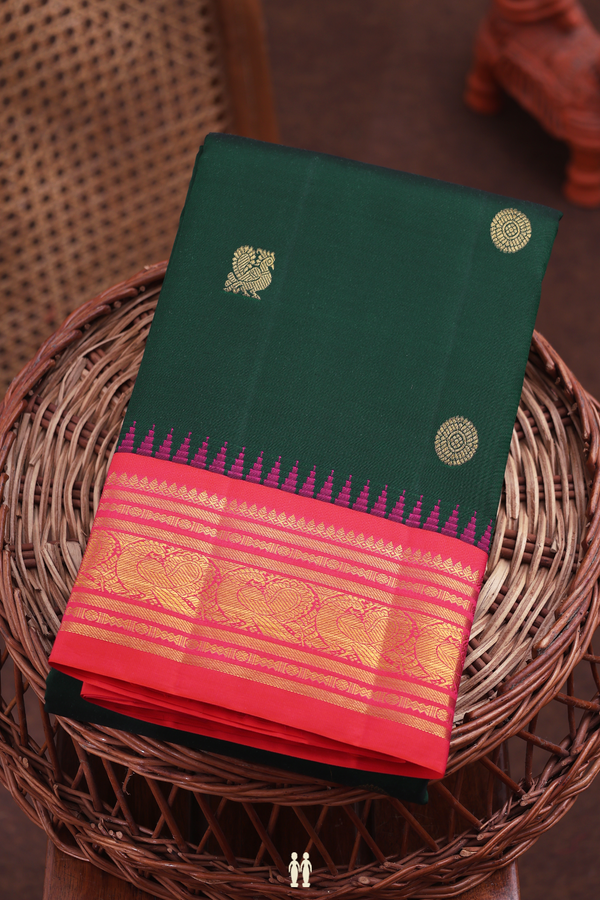 Kanchipuram Silk Saree In Forest Green With Peacock Buttas