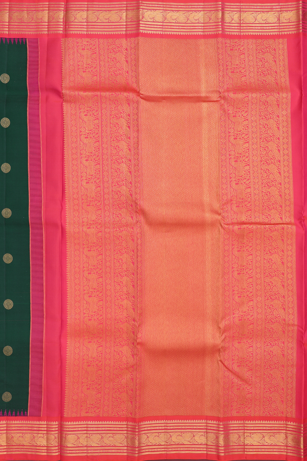 Kanchipuram Silk Saree In Forest Green With Peacock Buttas