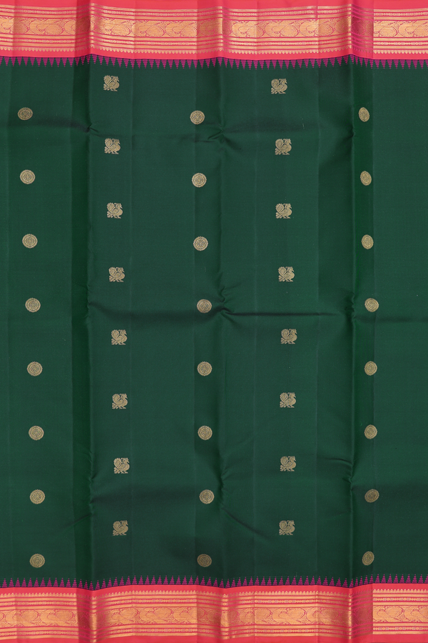 Kanchipuram Silk Saree In Forest Green With Peacock Buttas