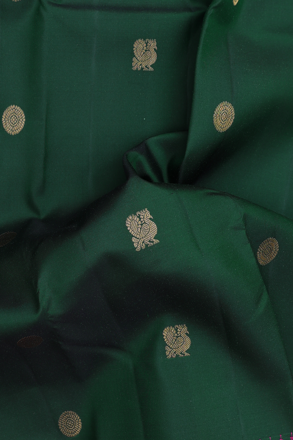 Kanchipuram Silk Saree In Forest Green With Peacock Buttas