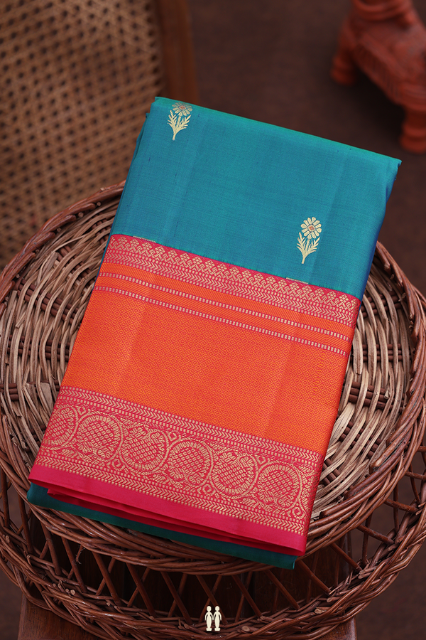 Kanchipuram Silk Saree In Teal Blue With Floral Buttas
