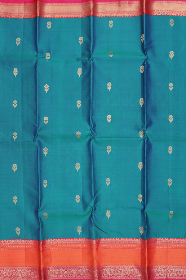 Kanchipuram Silk Saree In Teal Blue With Floral Buttas