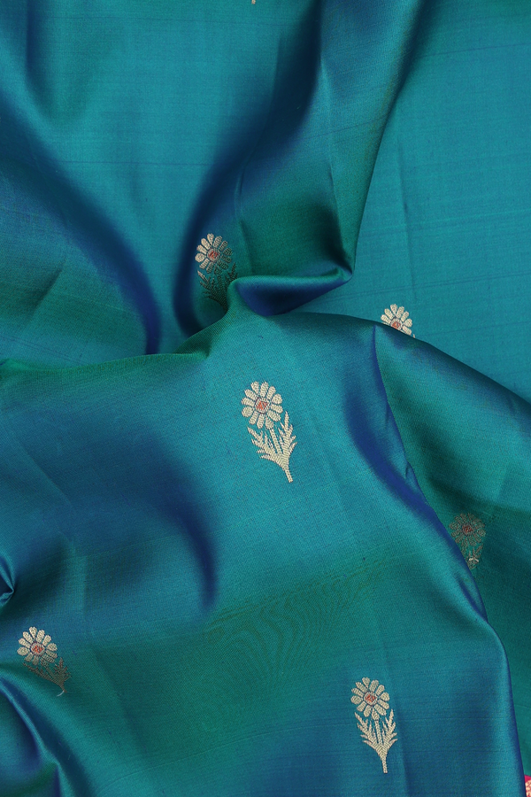 Kanchipuram Silk Saree In Teal Blue With Floral Buttas