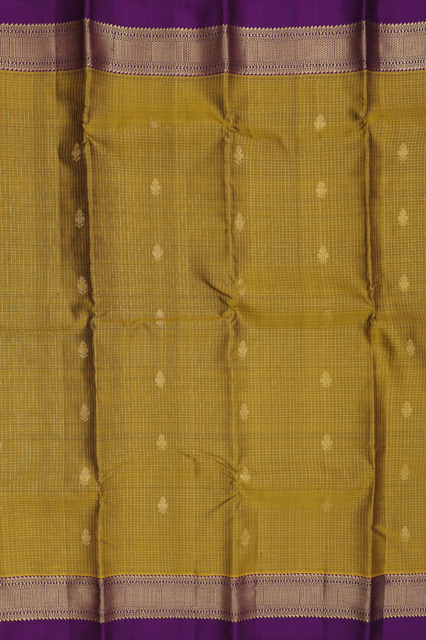 Kanchipuram Silk Saree In Brownish Yellow With Checks Design