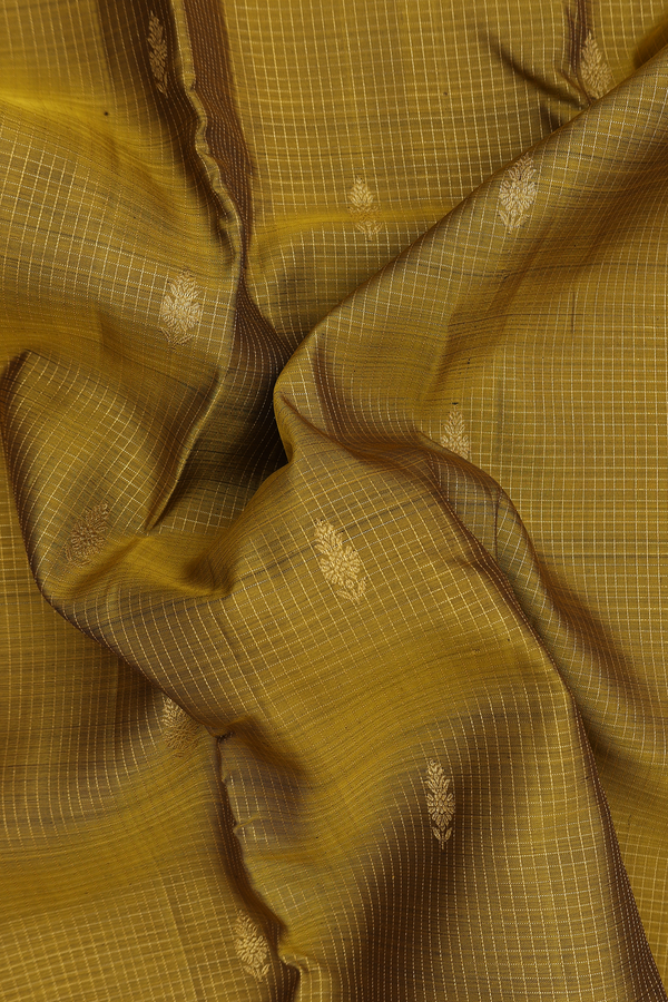 Kanchipuram Silk Saree In Brownish Yellow With Checks Design