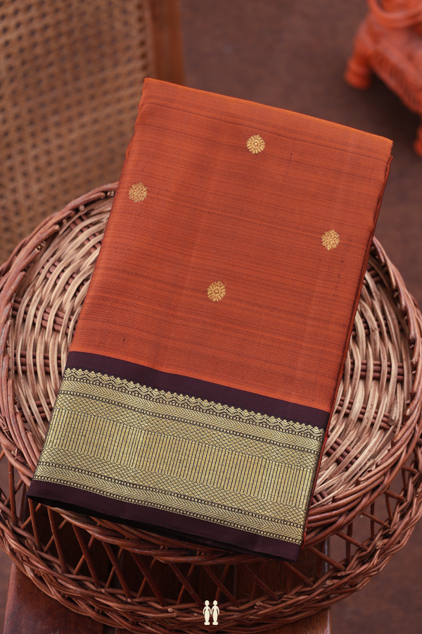 Kanchipuram Silk Saree In Rust Orange With Floral Buttas