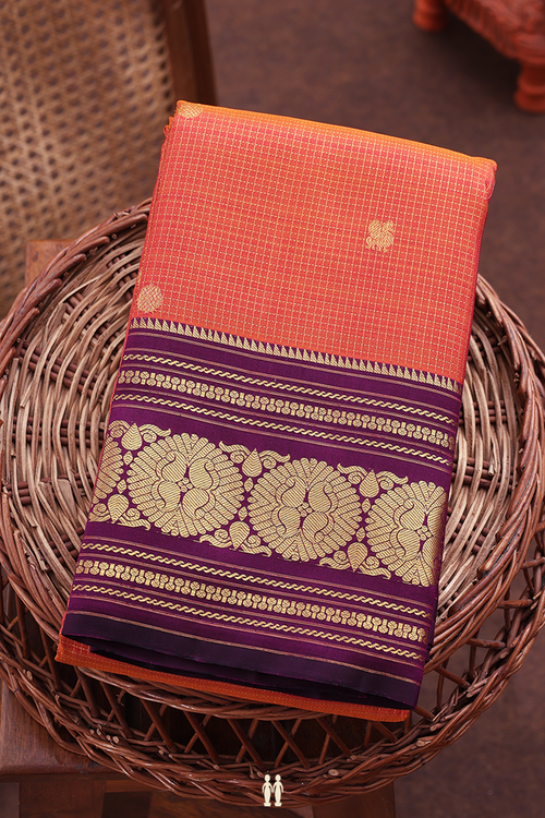 Kanchipuram Silk Saree In Coral Orange With Checks Design