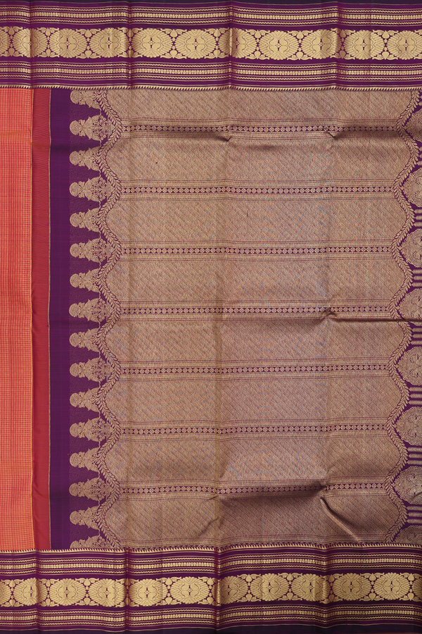 Kanchipuram Silk Saree In Coral Orange With Checks Design