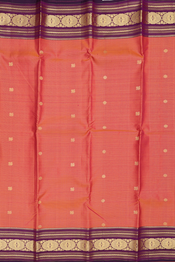 Kanchipuram Silk Saree In Coral Orange With Checks Design