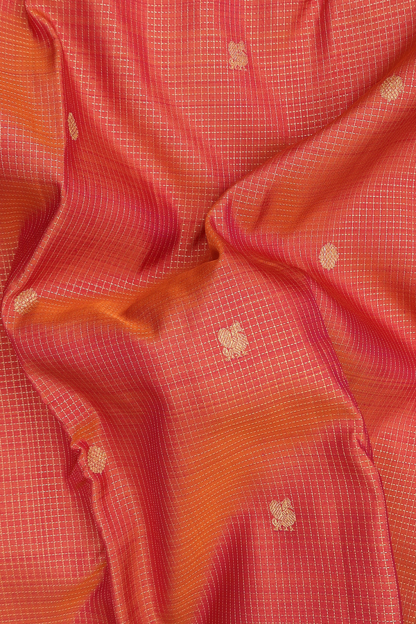 Kanchipuram Silk Saree In Coral Orange With Checks Design