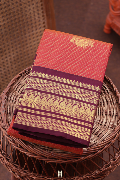 Kanchipuram Silk Saree In Coral Pink Along Checks With Motifs
