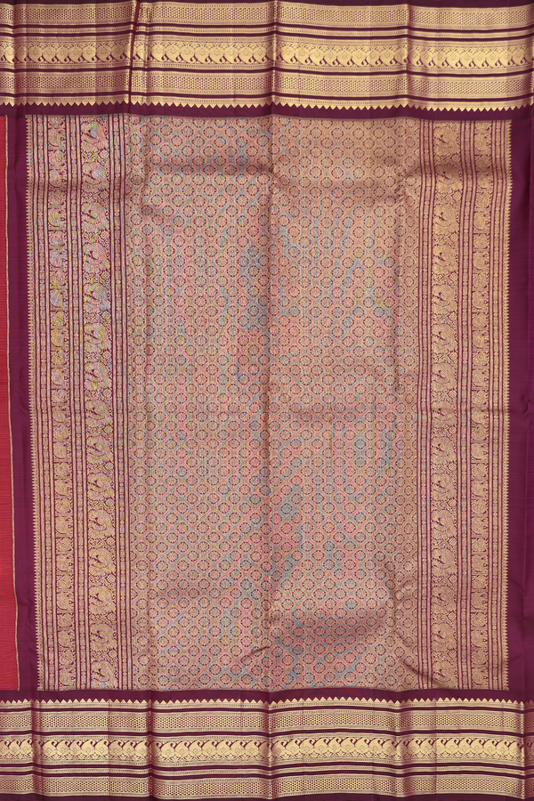 Kanchipuram Silk Saree In Coral Pink Along Checks With Motifs
