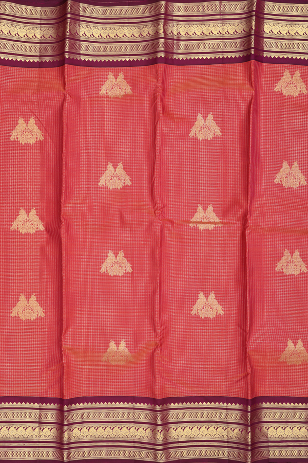 Kanchipuram Silk Saree In Coral Pink Along Checks With Motifs