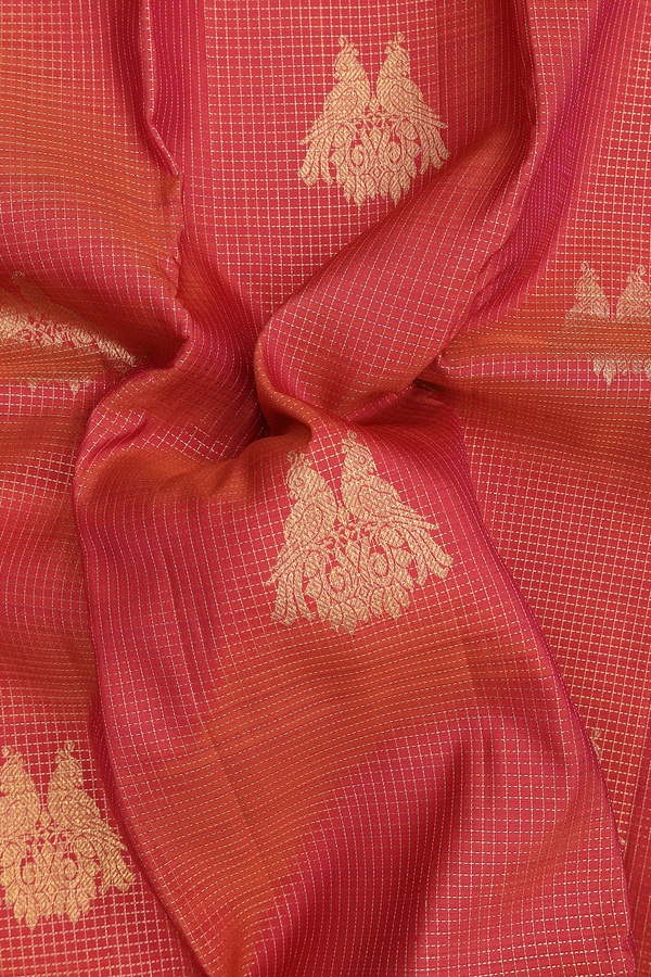 Kanchipuram Silk Saree In Coral Pink Along Checks With Motifs