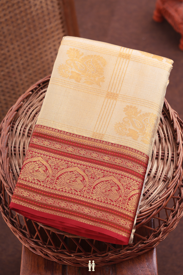 Kanchipuram Silk Saree In Tissue Cream With Checks Design