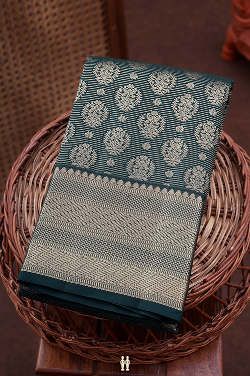 Kanchipuram Silk Saree In Green Along Stripes With Buttas