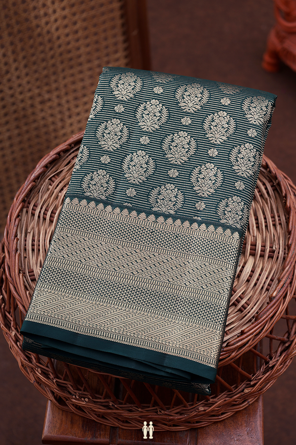 Kanchipuram Silk Saree In Green Along Stripes With Buttas