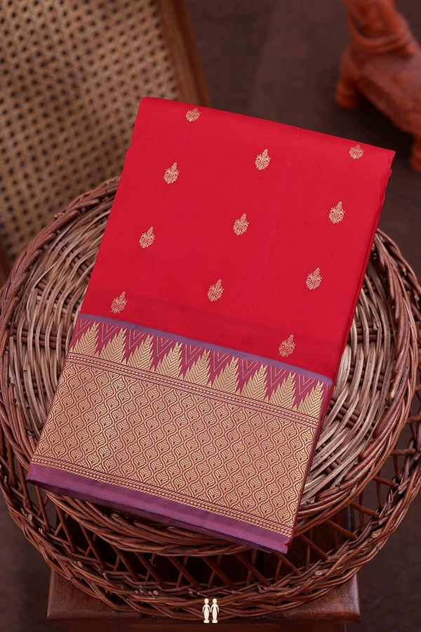 Kanchipuram Silk Saree In Chilli Red With Zari Buttas