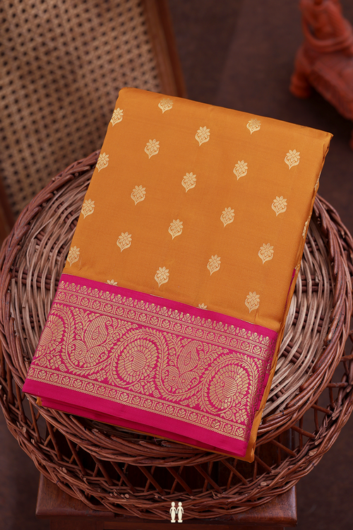 Kanchipuram Silk Saree In Golden Yellow With Floral Buttas