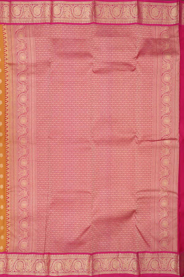 Kanchipuram Silk Saree In Golden Yellow With Floral Buttas