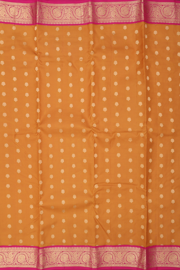 Kanchipuram Silk Saree In Golden Yellow With Floral Buttas