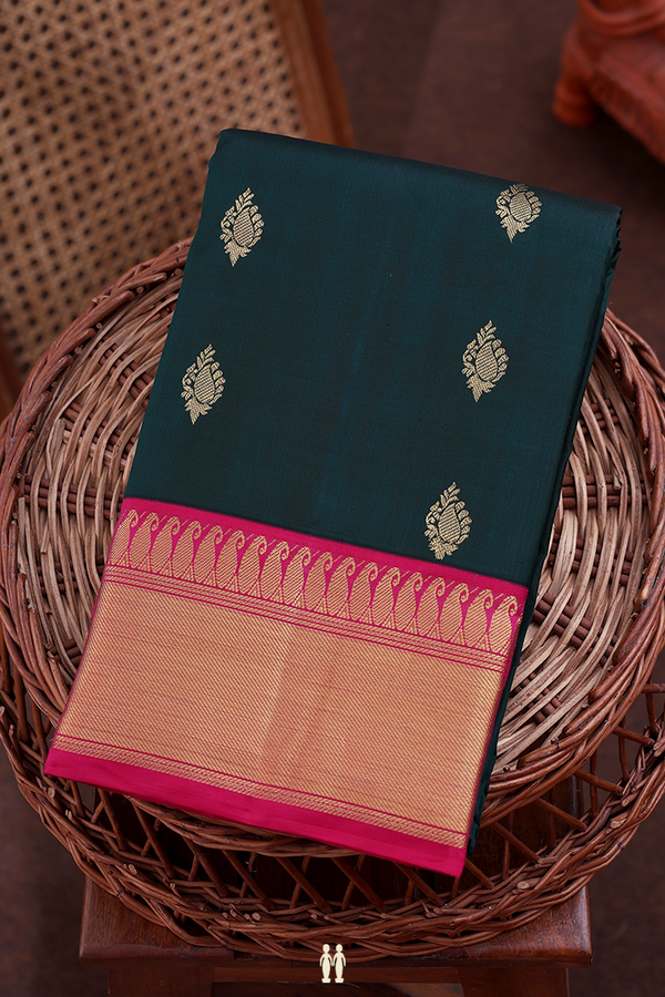 Kanchipuram Silk Saree In Dark Green With Paisley Buttas