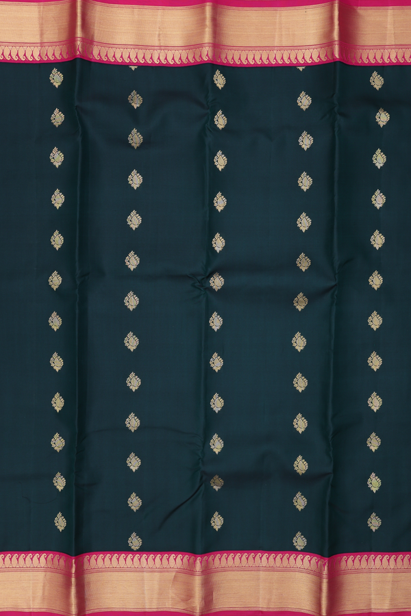 Kanchipuram Silk Saree In Dark Green With Paisley Buttas