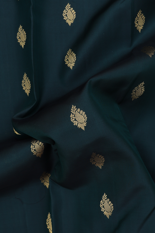 Kanchipuram Silk Saree In Dark Green With Paisley Buttas