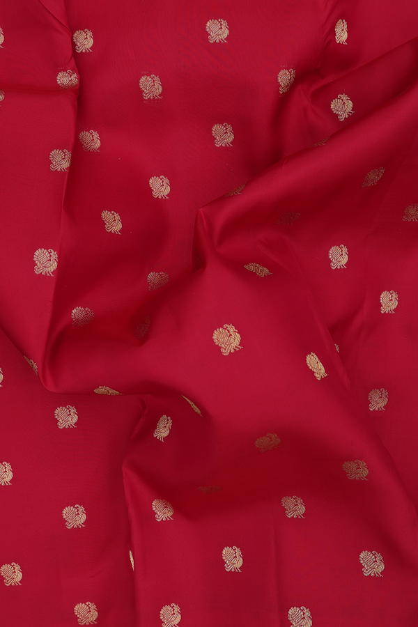 Kanchipuram Silk Saree In Chilli Red With Peacock Buttas