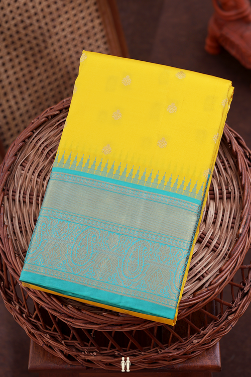 Kanchipuram Silk Saree In Yellow With Zari Buttas